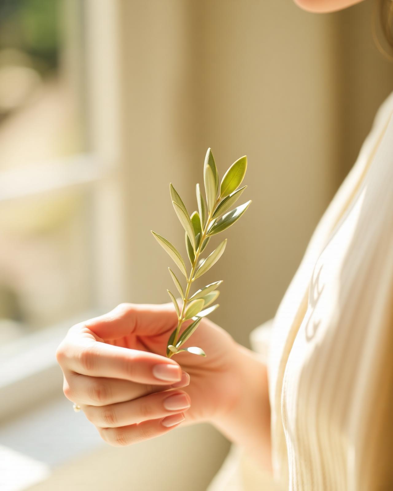 Mãos segurando ramo de oliveira