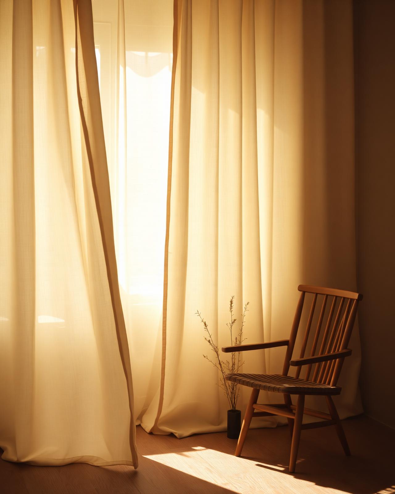 Cortinas ao vento com luz dourada